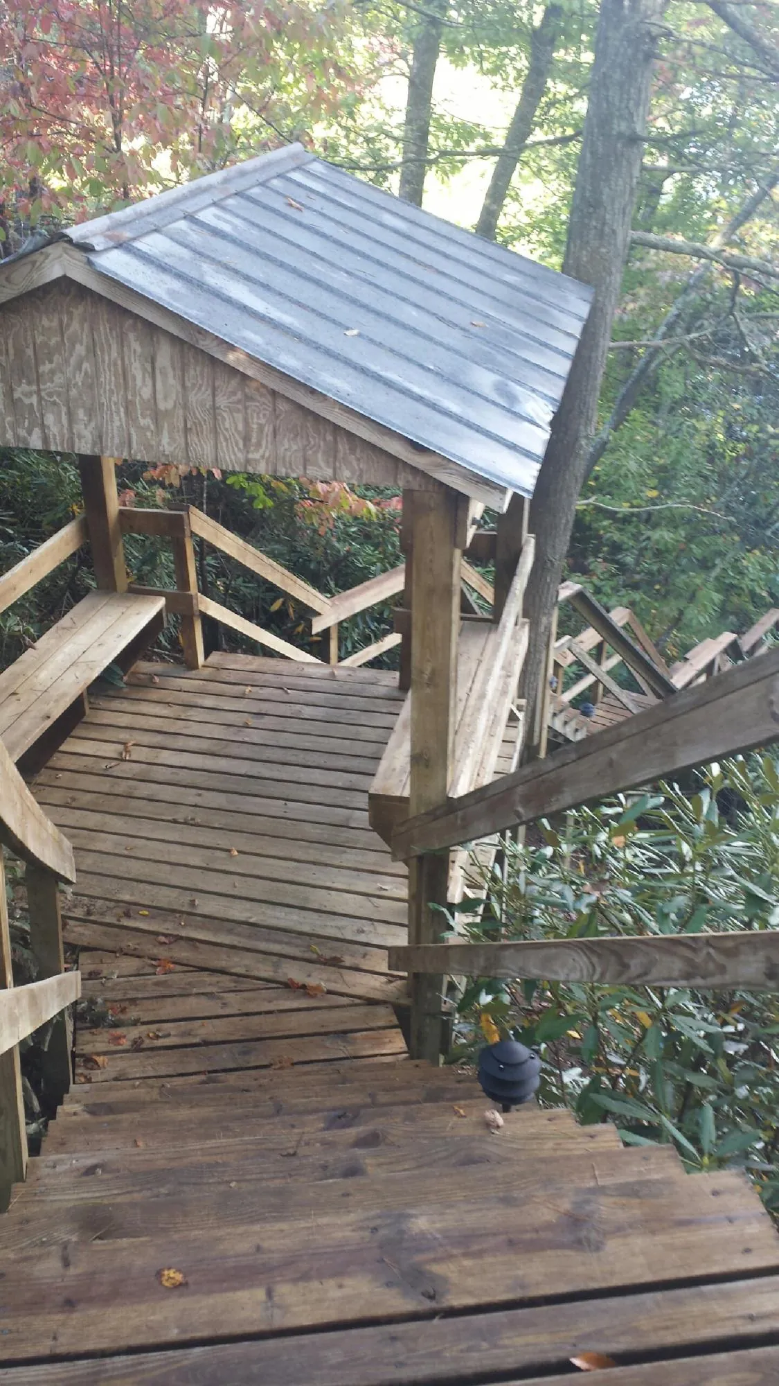 Metal roofed shelter over wooden steps on a wooded walkway — Skylight Repair & Installation work by our crew in Maple Park